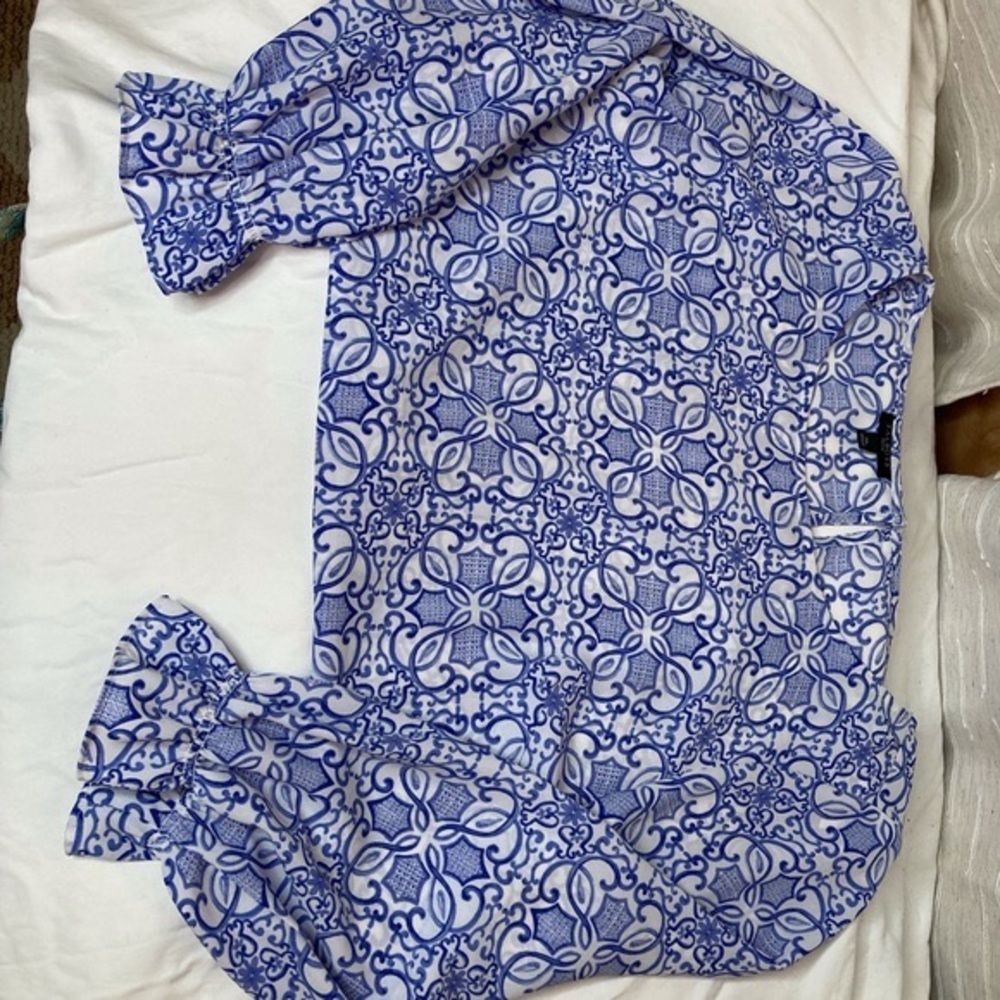 Talbots Top Blouse Blue Mosaic Print Blouse Top - Picture 4 of 9